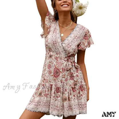 Amy Fashion - Summer Boho Floral Print Mini Wrap Beach Dress