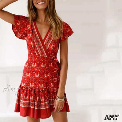 Amy Fashion - Summer Boho Floral Print Mini Wrap Beach Dress