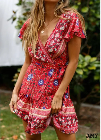 Amy Fashion - Summer Boho Floral Print Mini Wrap Beach Dress Burgundy / S