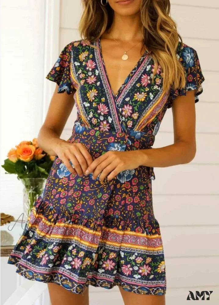 Amy Fashion - Summer Boho Floral Print Mini Wrap Beach Dress Navy Blue / S