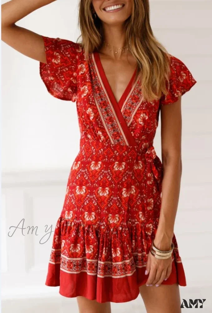 Amy Fashion - Summer Boho Floral Print Mini Wrap Beach Dress Red / S