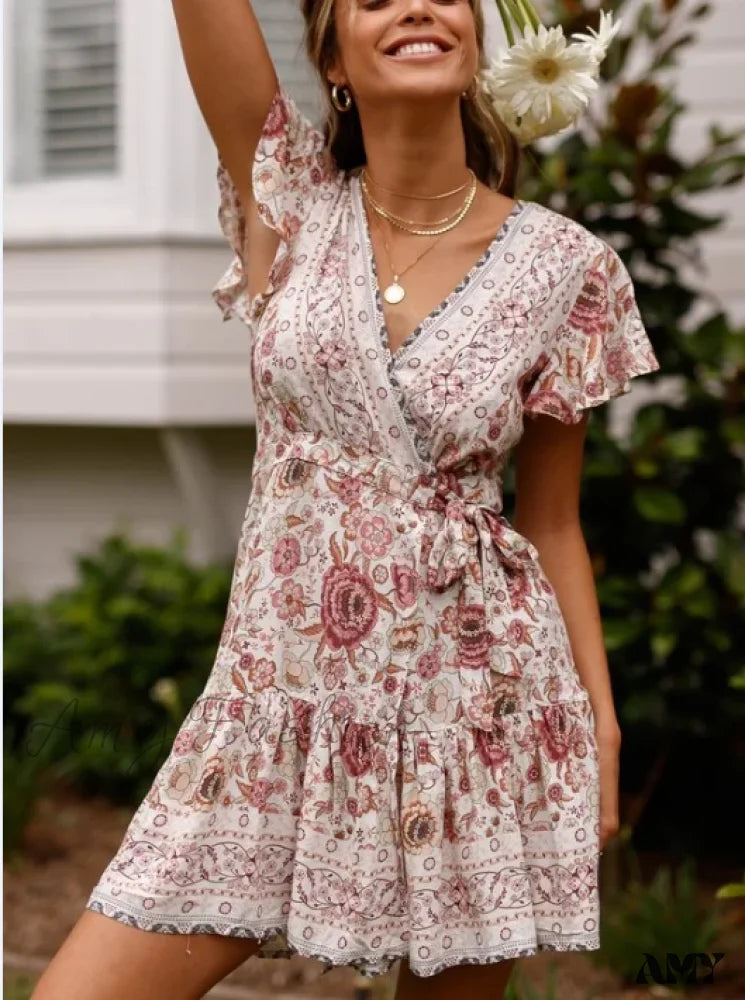 Amy Fashion - Summer Boho Floral Print Mini Wrap Beach Dress White / S