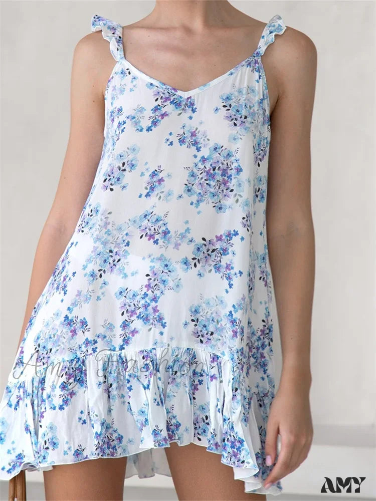 Amy Fashion - Summer Casual Camis Floral Print V Neck Mini Dress