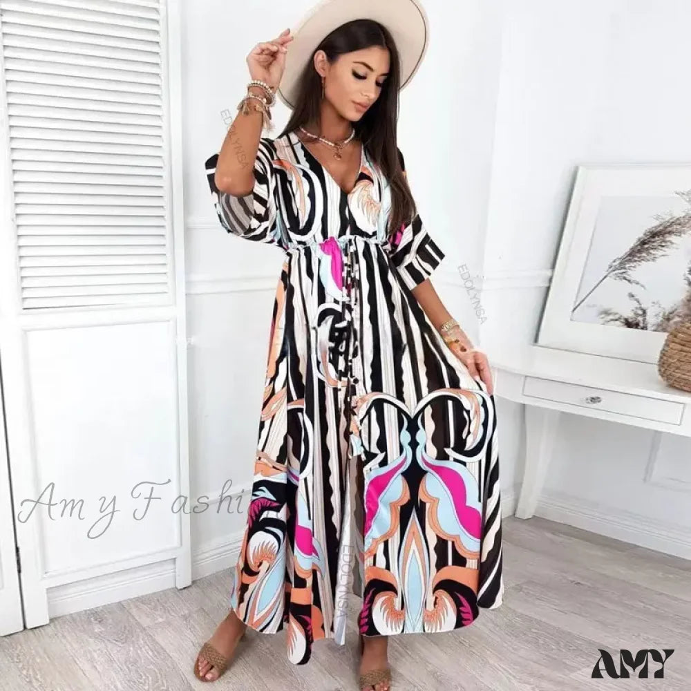 Amy Fashion - Summer Elegant Gorgeous Printing Long Party Boho Dress Black / S