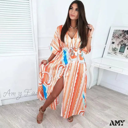 Amy Fashion - Summer Elegant Gorgeous Printing Long Party Boho Dress Orange Red / S