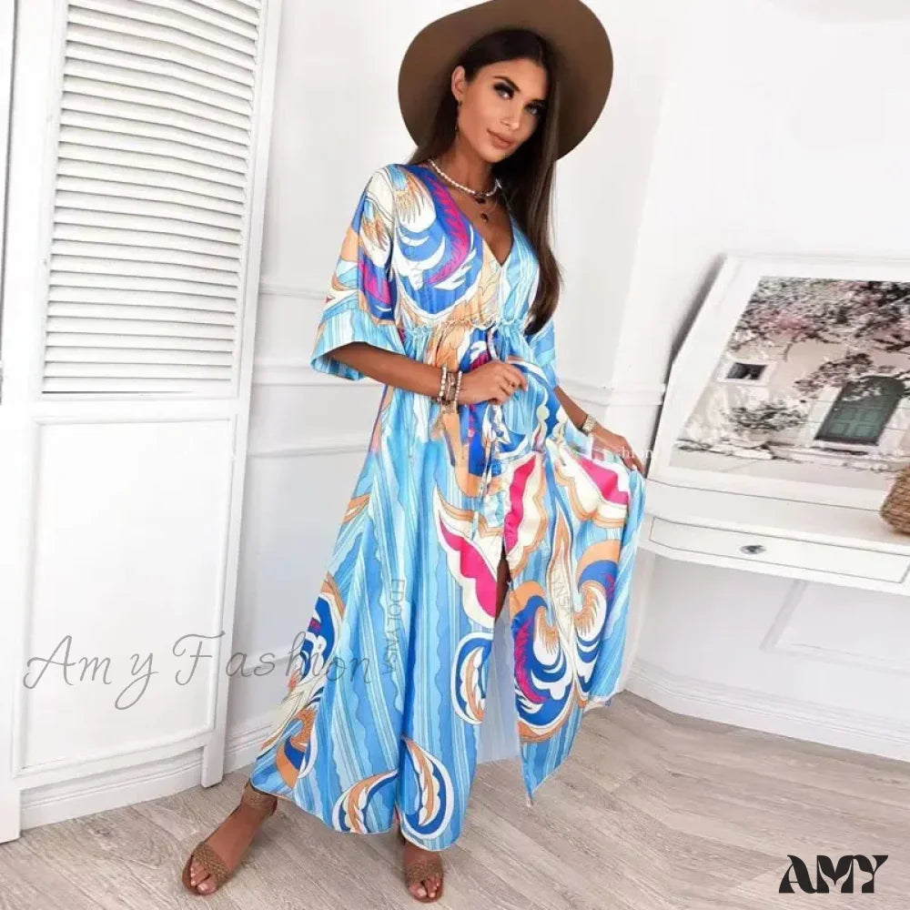 Amy Fashion - Summer Elegant Gorgeous Printing Long Party Boho Dress Sky Blue / S