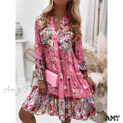 Amy Fashion - Summer Floral Print V Neck Ruffles Boho Dress