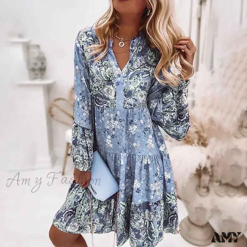 Amy Fashion - Summer Floral Print V Neck Ruffles Boho Dress Blue / S