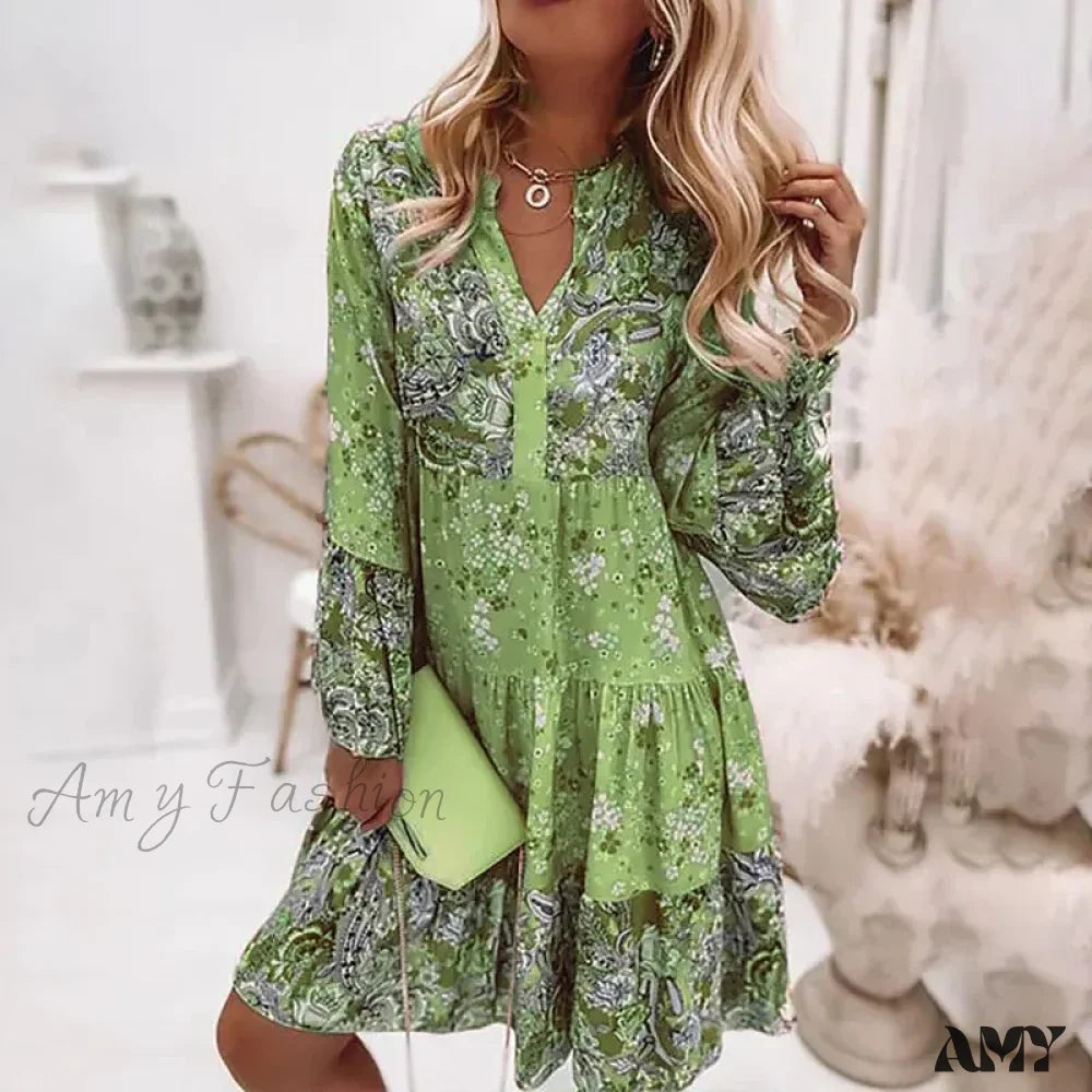 Amy Fashion - Summer Floral Print V Neck Ruffles Boho Dress Green / S