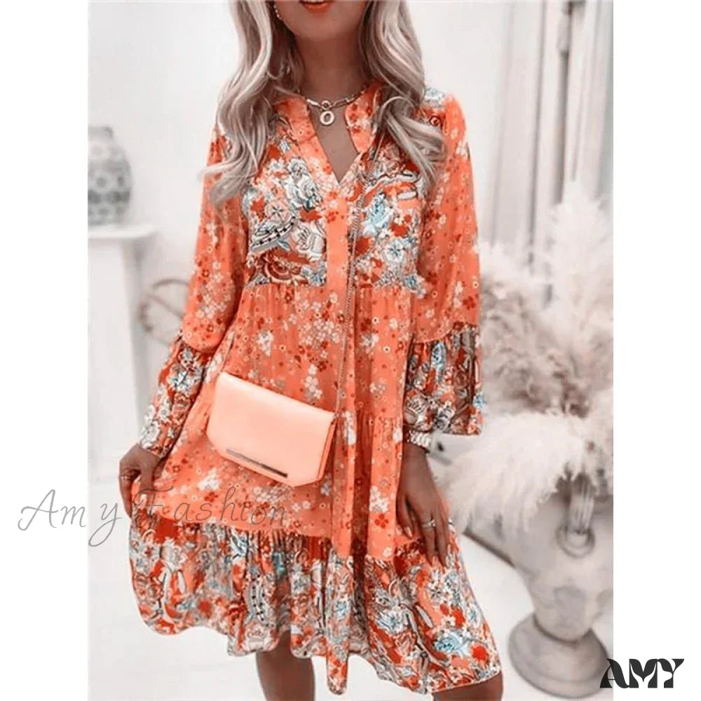 Amy Fashion - Summer Floral Print V Neck Ruffles Boho Dress Orange / S