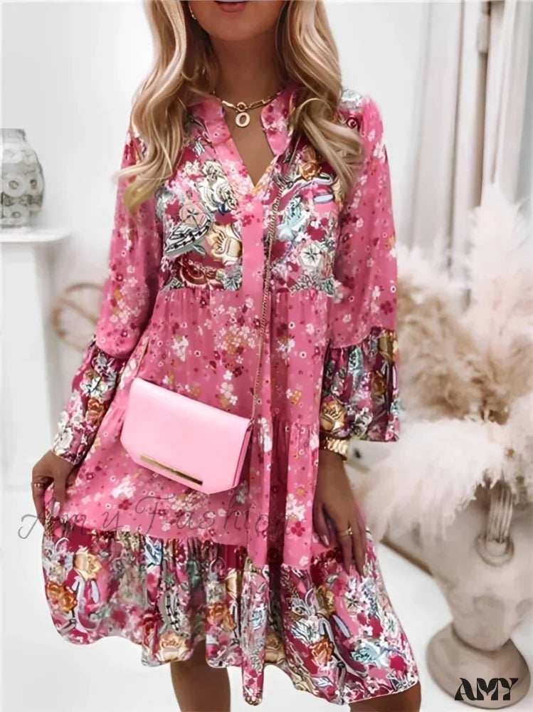 Amy Fashion - Summer Floral Print V Neck Ruffles Boho Dress Pink / S