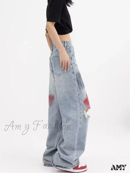 Amy Fashion - Summer Graffiti Blue Wash Hole New Floor Slam Straight Leg Jean