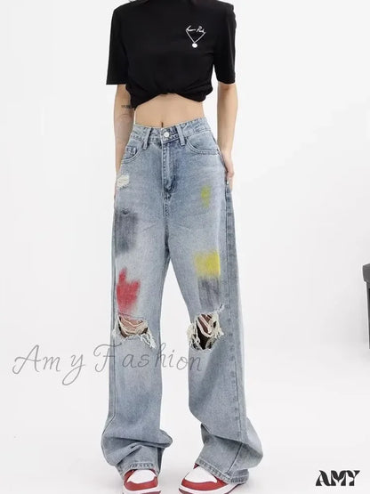 Amy Fashion - Summer Graffiti Blue Wash Hole New Floor Slam Straight Leg Jean