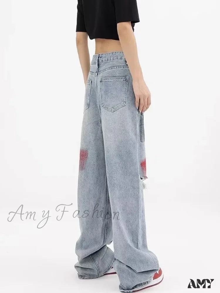 Amy Fashion - Summer Graffiti Blue Wash Hole New Floor Slam Straight Leg Jean