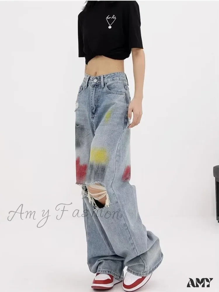 Amy Fashion - Summer Graffiti Blue Wash Hole New Floor Slam Straight Leg Jean