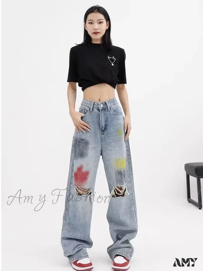 Amy Fashion - Summer Graffiti Blue Wash Hole New Floor Slam Straight Leg Jean