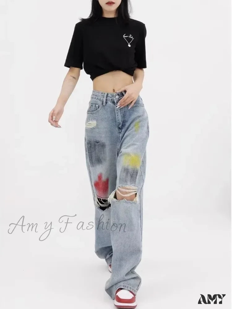 Amy Fashion - Summer Graffiti Blue Wash Hole New Floor Slam Straight Leg Jean / S