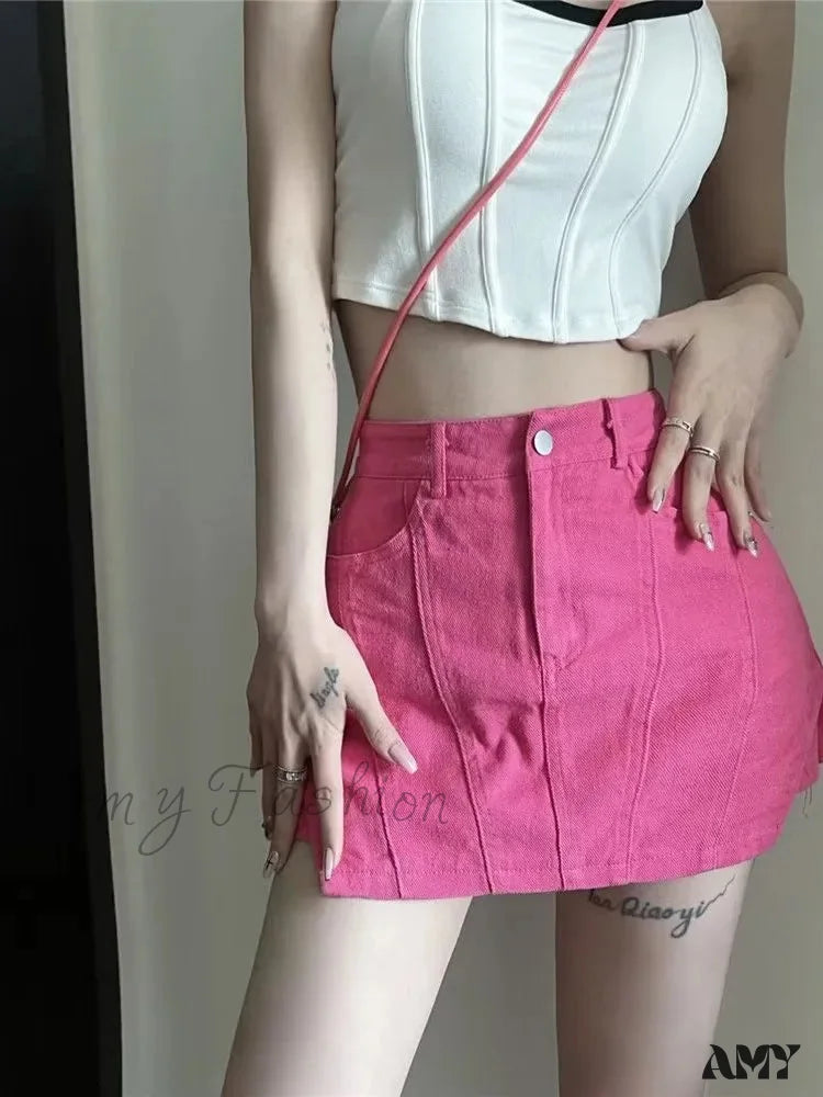 Amy Fashion - Summer High Waist Slim Pack Hip Super Hot Denim A-Line Small Half Skirt Jean