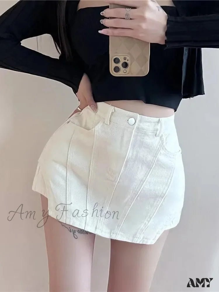 Amy Fashion - Summer High Waist Slim Pack Hip Super Hot Denim A-Line Small Half Skirt Jean White /