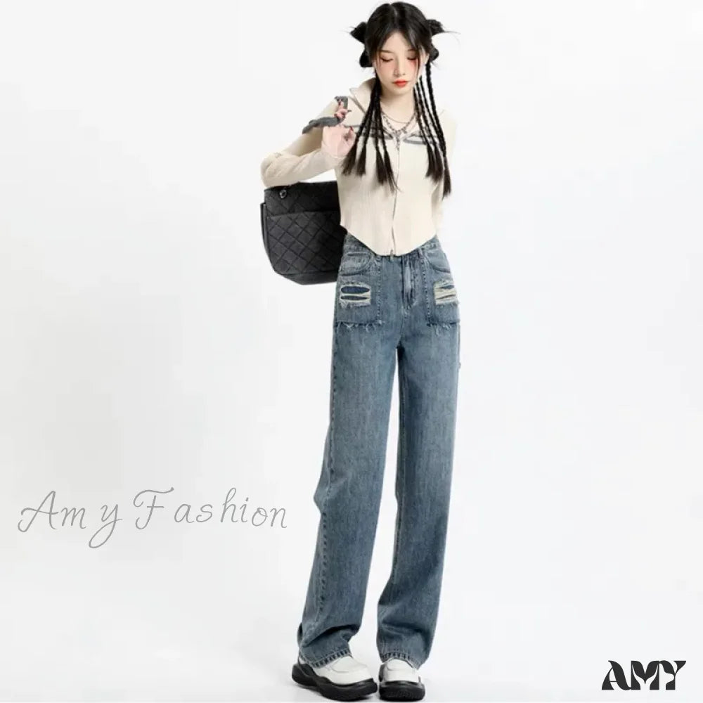 Amy Fashion - Summer New Design Sense High Waist Loose Fitting Slim Straight Pants Narrow Edition