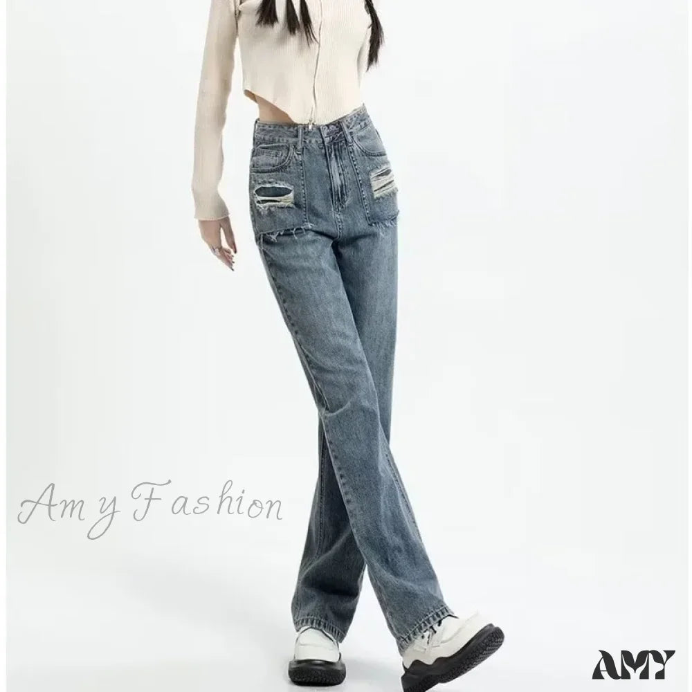 Amy Fashion - Summer New Design Sense High Waist Loose Fitting Slim Straight Pants Narrow Edition