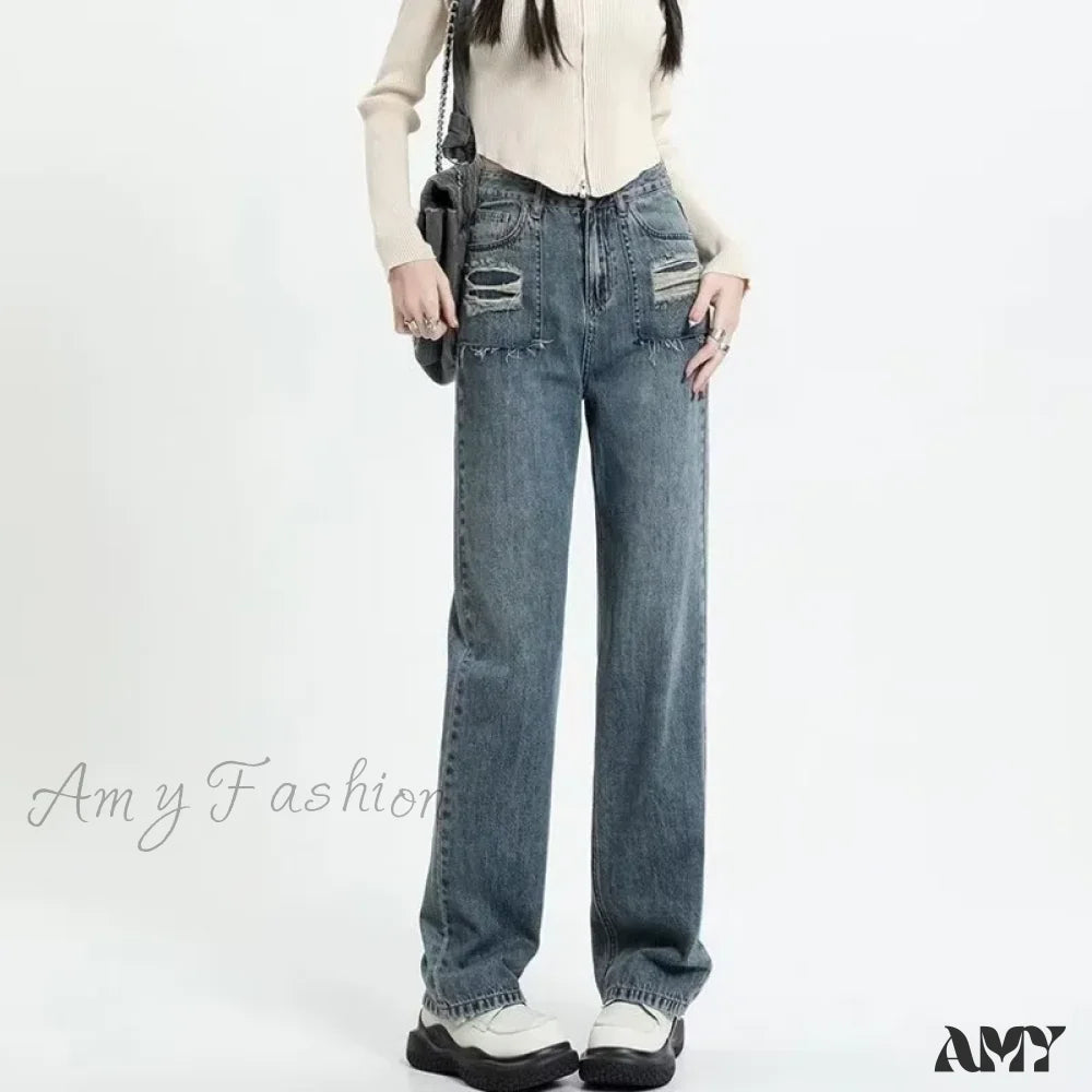 Amy Fashion - Summer New Design Sense High Waist Loose Fitting Slim Straight Pants Narrow Edition