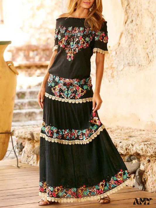 Amy Fashion - Summer New Elegant Wrapped Chest Long Bohemian Boho Dress Black / M