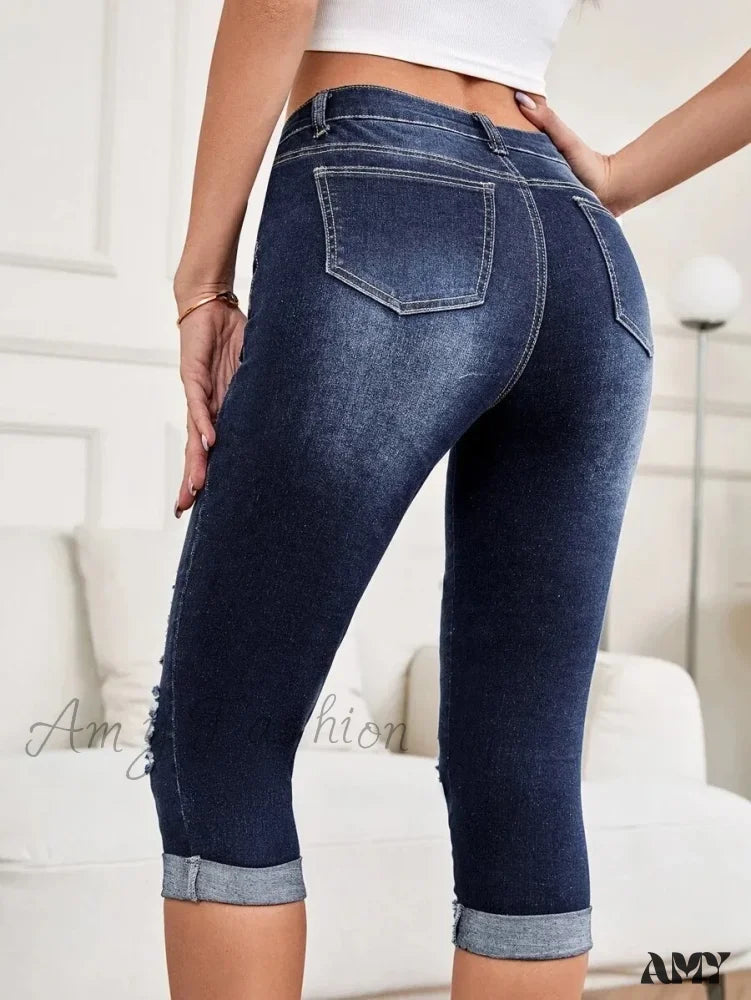 Amy Fashion - Summer New Skinny Stretch Ripped Calf-Length Casual Female Jean