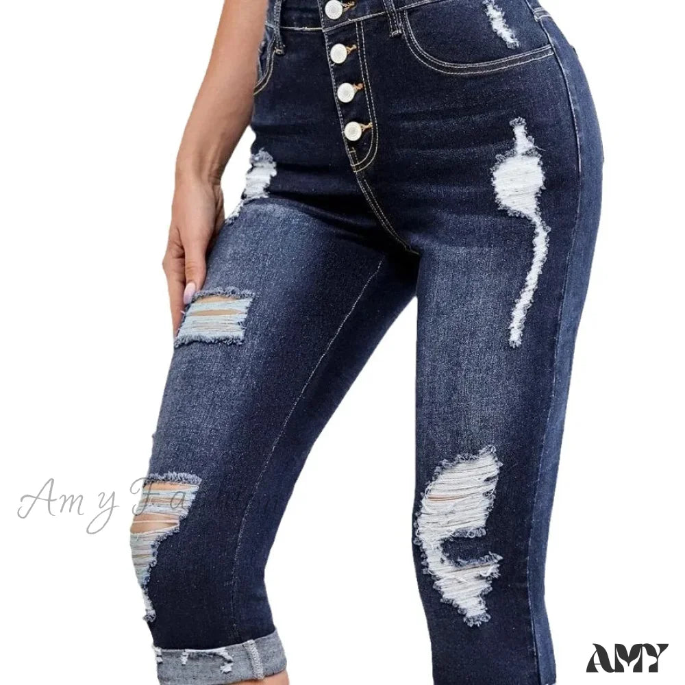 Amy Fashion - Summer New Skinny Stretch Ripped Calf-Length Casual Female Jean