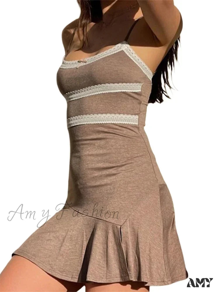 Amy Fashion - Summer Sleeveless Strap Backless Party Lace Patchwork Mini Dress