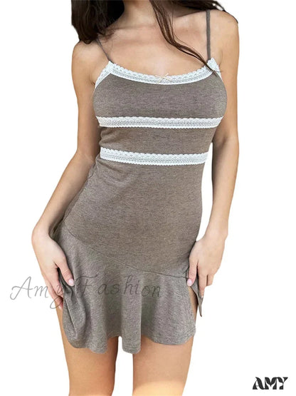 Amy Fashion - Summer Sleeveless Strap Backless Party Lace Patchwork Mini Dress Grey / S