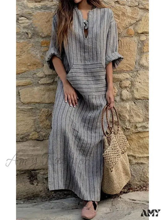 Amy Fashion - Summer Striped Cotton Linen Oversize Long Boho Dress