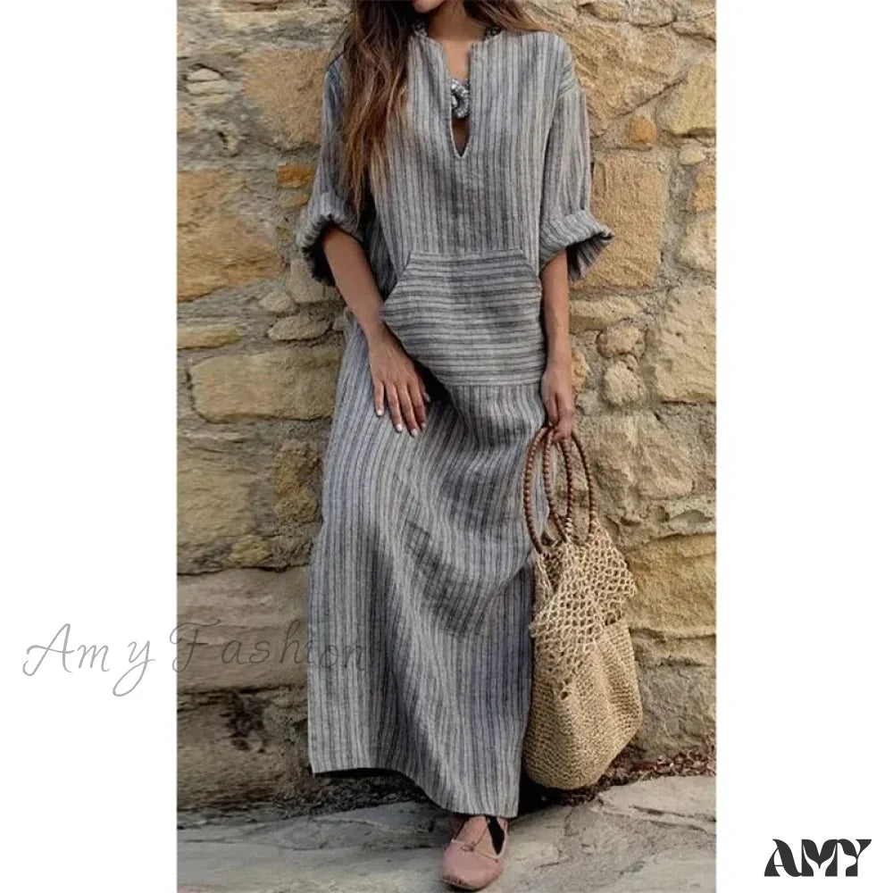 Amy Fashion - Summer Striped Cotton Linen Oversize Long Boho Dress Gray / L