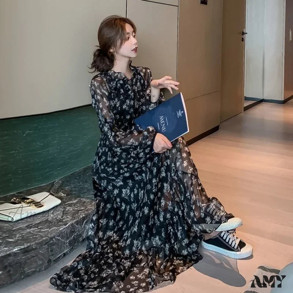 Amy Fashion - Summer Thin Floral Chiffon Lace Vintage Black Boho Dress