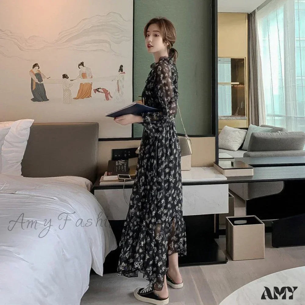 Amy Fashion - Summer Thin Floral Chiffon Lace Vintage Black Boho Dress