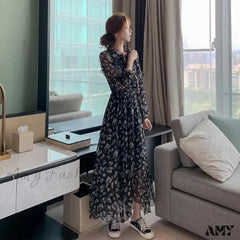 Amy Fashion - Summer Thin Floral Chiffon Lace Vintage Black Boho Dress