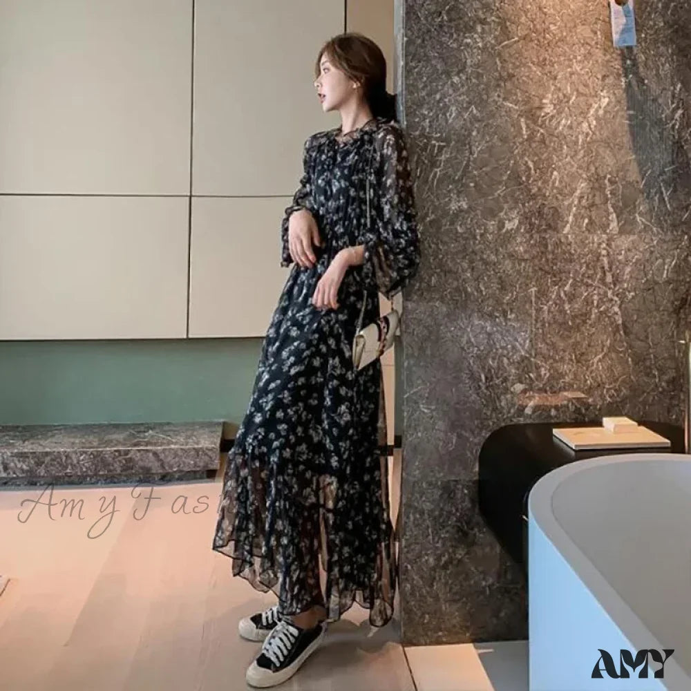 Amy Fashion - Summer Thin Floral Chiffon Lace Vintage Black Boho Dress