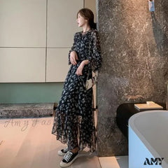 Amy Fashion - Summer Thin Floral Chiffon Lace Vintage Black Boho Dress