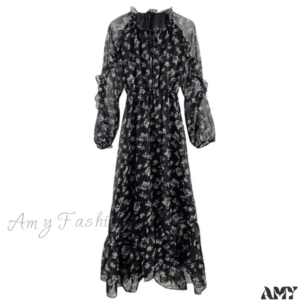 Amy Fashion - Summer Thin Floral Chiffon Lace Vintage Black Boho Dress / S