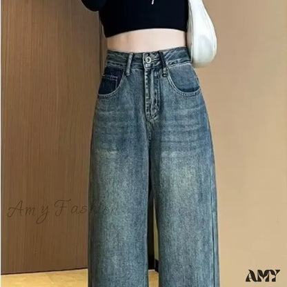 Amy Fashion - Summer Thin Vintage Blue High Waist Slim Pear Shaped Contrast Straight Leg Wide Jean