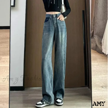 Amy Fashion - Summer Thin Vintage Blue High Waist Slim Pear Shaped Contrast Straight Leg Wide Jean