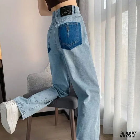 Amy Fashion - Summer Thin Vintage Blue High Waist Slim Pear Shaped Contrast Straight Leg Wide Jean