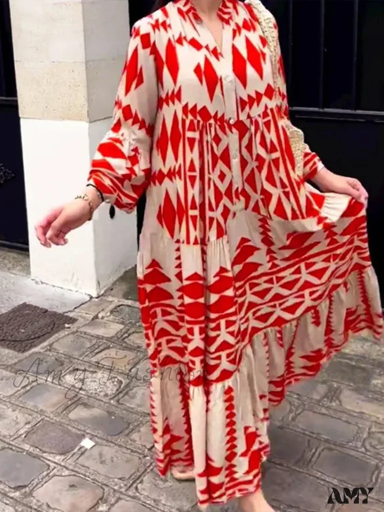 Amy Fashion - Summer Vintage Elegant Long Sleeve Boho Dress Red / S