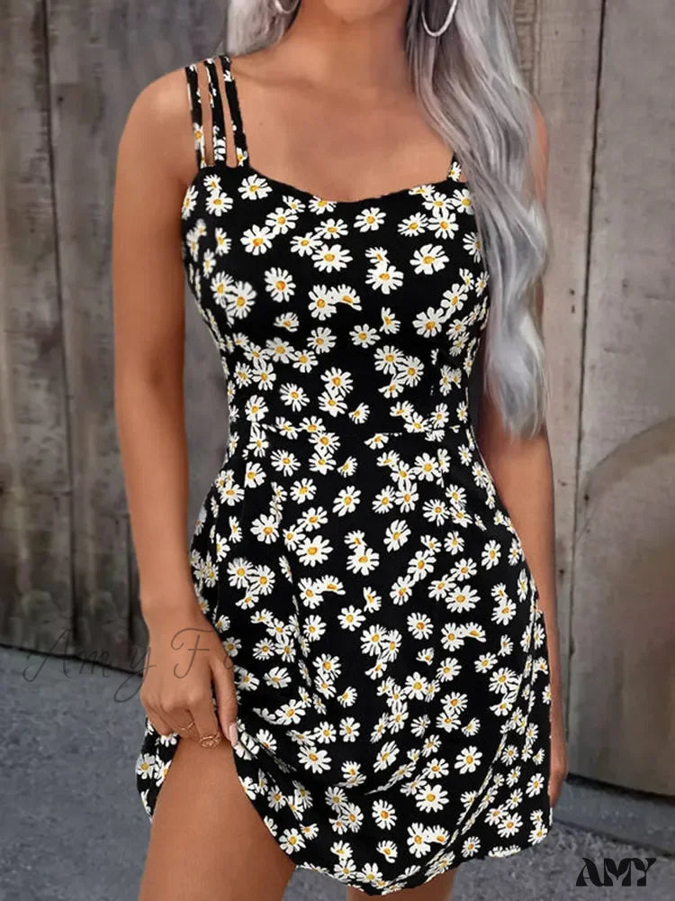 Amy Fashion - Summer Vintage Floral Daisy Print Sexy Boho Dress Black / S