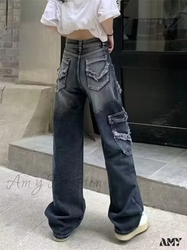 Amy Fashion - Summer Vintage Washed And Worn Out Versatile Straight Drop High Waist Wide Leg