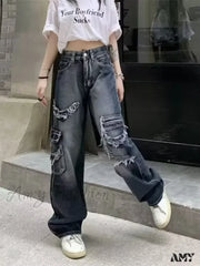 Amy Fashion - Summer Vintage Washed And Worn Out Versatile Straight Drop High Waist Wide Leg