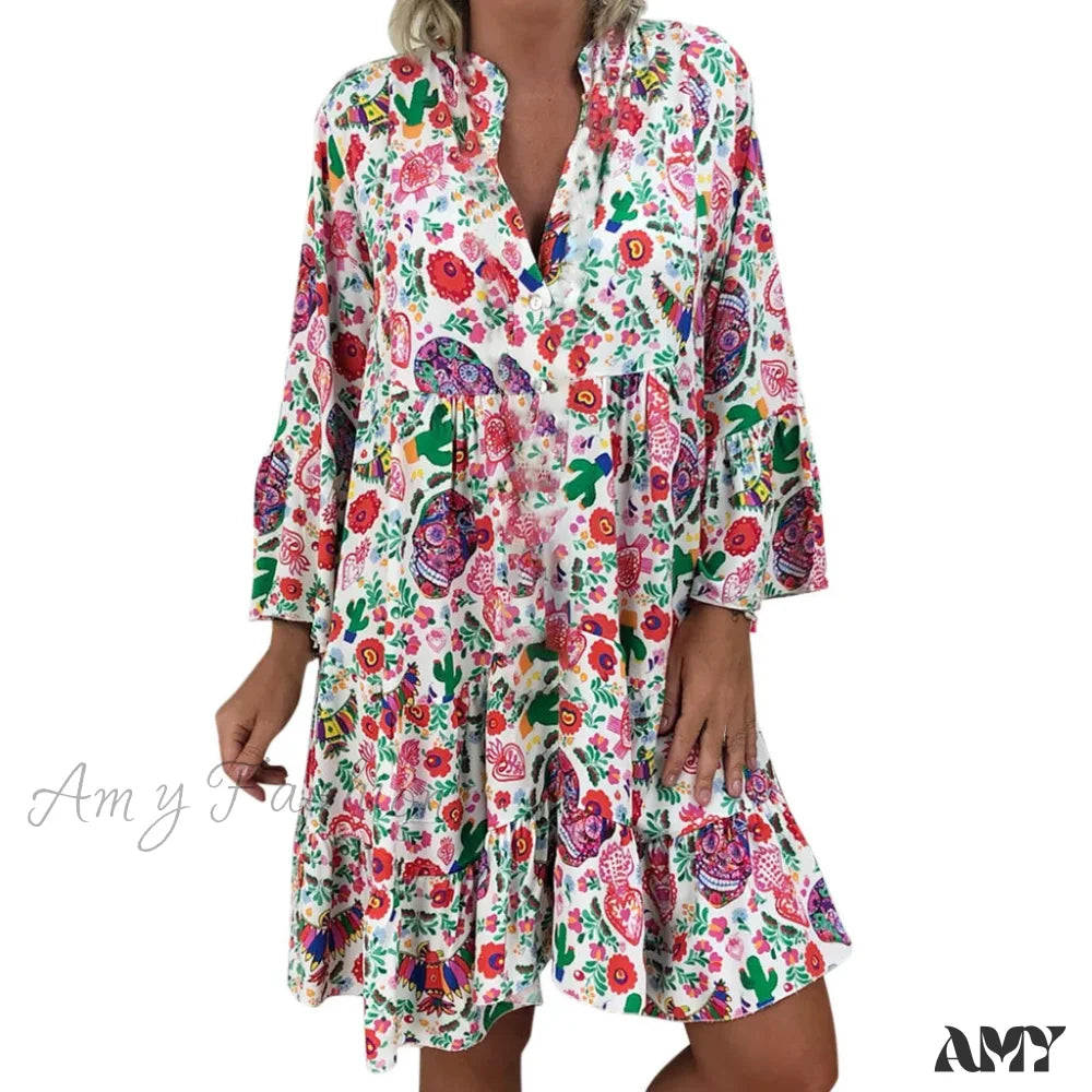 Amy Fashion - Summer Y2K Ladies Loose Bohemian Short Women’s Boho Dress Multi / S