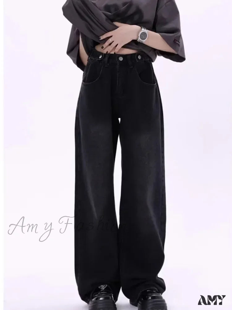 Amy Fashion - Super Soft Thin High Street Slim Loose Autumn New Waist Wide Leg Women’s Jean Black