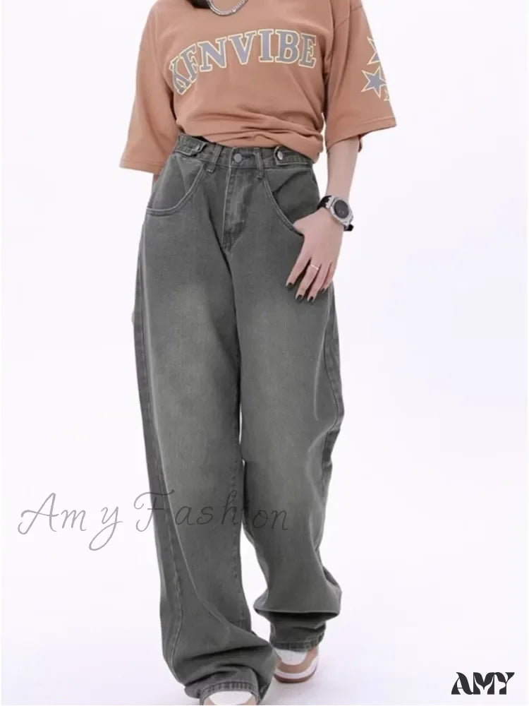 Amy Fashion - Super Soft Thin High Street Slim Loose Autumn New Waist Wide Leg Women’s Jean Green