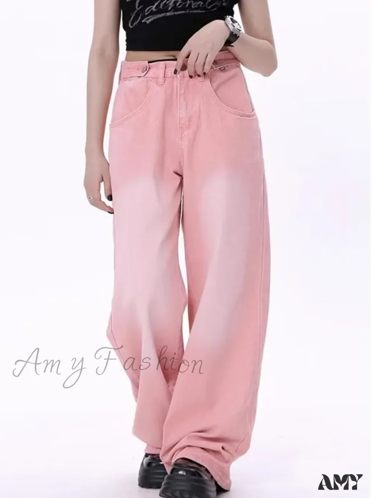 Amy Fashion - Super Soft Thin High Street Slim Loose Autumn New Waist Wide Leg Women’s Jean Pink / S